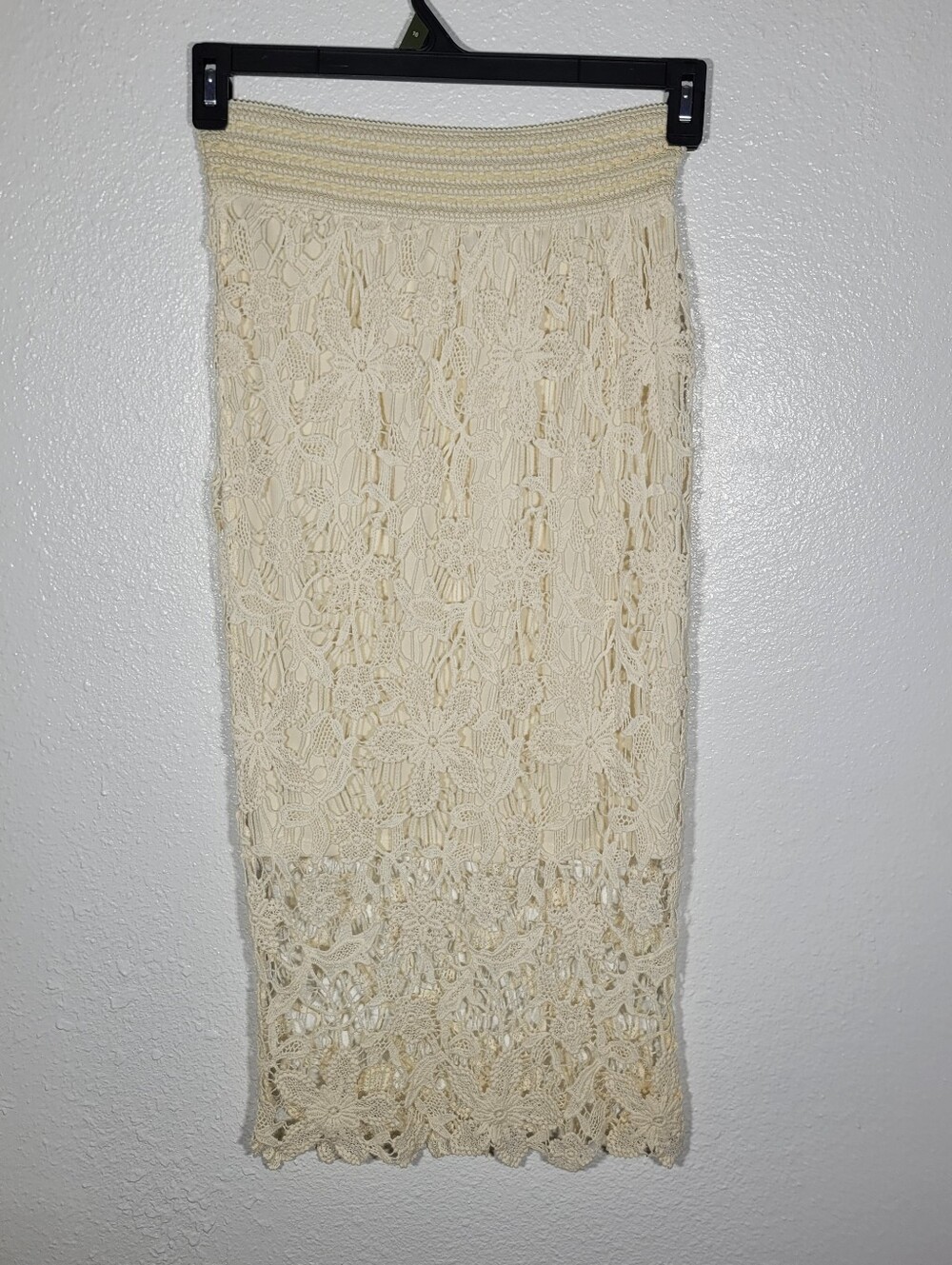 Adiva Ivory Cream Crocheted Lace Floral Midi Skirt | Boho Cottagecore | Small
